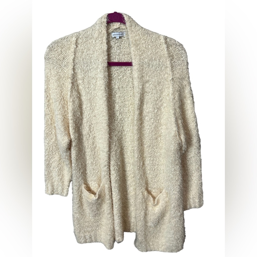 Crescent Cream Colored Fuzzy Knit Open Cardigan with Pockets Size Small
